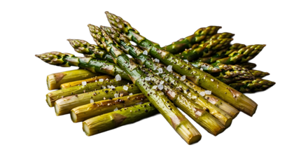 Freshly cooked and seasoned asparagus spears ready to eat on transparent background