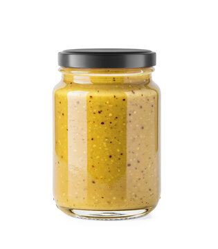 Clear Glass Jar filled with Dijon Mustard with matte cap on a transparent background.