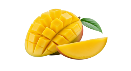 Diced and sliced mango with a leaf, vibrant hues, on transparent background