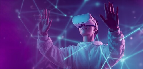 Person Using Virtual Reality Headset in Futuristic Environment