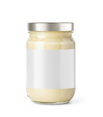 Clear Glass Jar Filled with Mayonnaise with metallic cap and a label place holder on transparent background