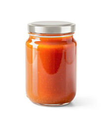 Clear Glass Jar of Roasted Tomato Soup with metallic cap on transparent background
