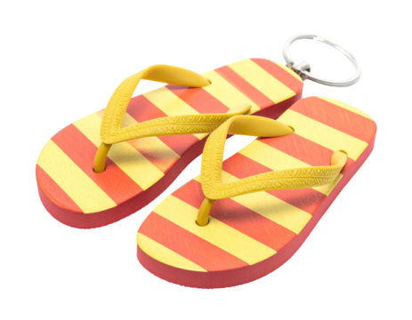 Miniature flip-flops, yellow straps, red and yellow striped soles, attached keychain