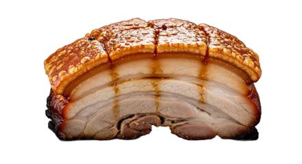 Crispy pork belly with crackling glistening under studio lights on transparent background
