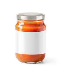 Clear Glass Jar of Roasted Tomato Soup with metallic cap and with white blank area for label placed...
