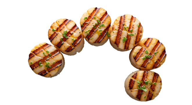 Delicious grilled scallops arranged artfully on a black background on transparent background
