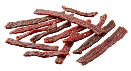 Delicious smoked beef jerky snack strips arrangement on transparent background
