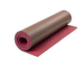 Rolled-up yoga mat with brown top, red underside, and black edges on black bg