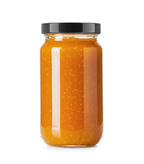 Clear Glass Jar filled with fresh organic mango Jam with a glossy cap on transparent background