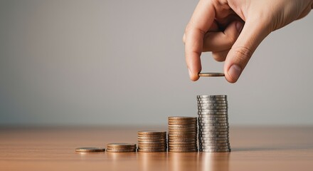 Hand stacking coins on a wooden table, financial growth