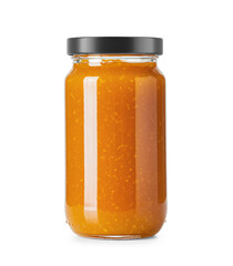 Clear Glass Jar filled with fresh organic mango Jam with a matte cap on transparent background