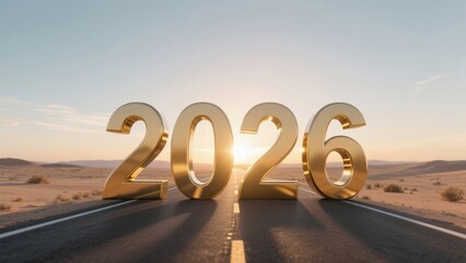 Golden 2026 on desert road at sunset