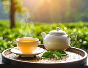 A close up Green tea in white background, hot tea with a view and very aesthetic. Vibrant green tea leaves, showcasing their freshness and potential for a organic products, healthy beverages, or agric