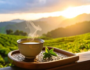 A close up Green tea in white background, hot tea with a view and very aesthetic. Vibrant green tea leaves, showcasing their freshness and potential for a organic products, healthy beverages, or agric