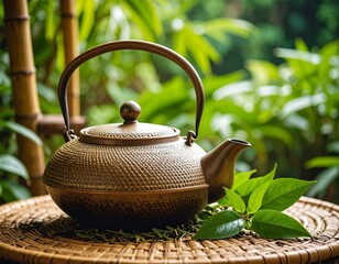 A close up Green tea in white background, hot tea with a view and very aesthetic. Vibrant green tea leaves, showcasing their freshness and potential for a organic products, healthy beverages, or agric