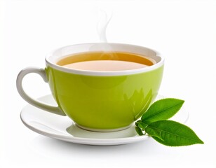 A close up Green tea in white background, hot tea with a view and very aesthetic. Vibrant green tea leaves, showcasing their freshness and potential for a organic products, healthy beverages, or agric