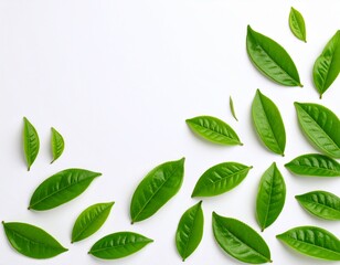 A close up Green tea in white background, hot tea with a view and very aesthetic. Vibrant green tea leaves, showcasing their freshness and potential for a organic products, healthy beverages, or agric