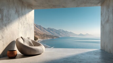 Modern, minimalist living room with raw concrete walls. A designer armchair faces a huge window with a stunning sea and mountain vista in morning light.