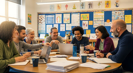 Teachers collaborating in faculty meeting