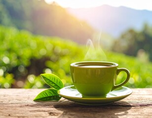 A close up Green tea in white background, hot tea with a view and very aesthetic. Vibrant green tea leaves, showcasing their freshness and potential for a organic products, healthy beverages, or agric