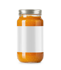 Clear Glass Jar filled with fresh organic mango Jam with white blank label area and with a metallic cap on transparent background