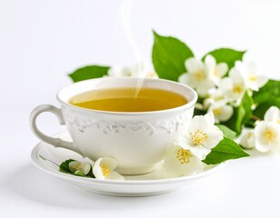 A close up Green tea in white background, hot tea with a view and very aesthetic. Vibrant green tea leaves, showcasing their freshness and potential for a organic products, healthy beverages, or agric