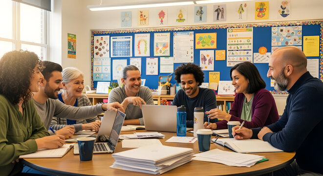 Teachers collaborating in faculty meeting