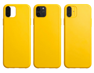 Three yellow phone cases, each showcasing the camera arrangement on the back