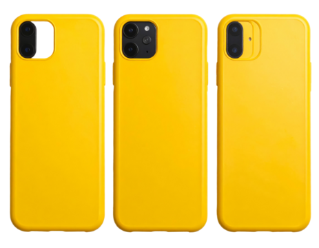 Three yellow phone cases, each showcasing the camera arrangement on the back