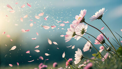 Daisies in a field with pink petals falling against a blue sky creating a dreamy and soft atmosphere  custom 3d photo wallpaper panaflex design for wall hd background