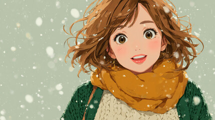 雪景色と笑顔な女性のイラスト（AI生成）