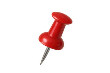 Red pushpin creating a strong statement, pointing down, sharp office supply for memo, notice, or marker, transparent background