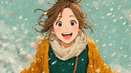 雪景色と笑顔な女性のイラスト（AI生成）