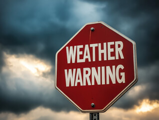 Obraz premium Urgent weather warning sign stands starkly against dramatic stormy sky signaling impending danger and caution