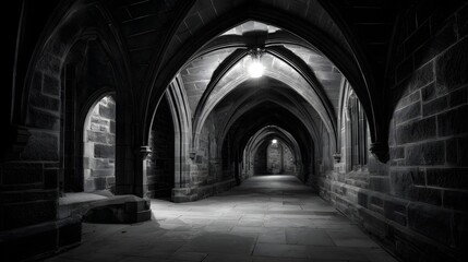 Fototapeta premium Dark stone hallway with gothic arches and illuminated ceiling lights.