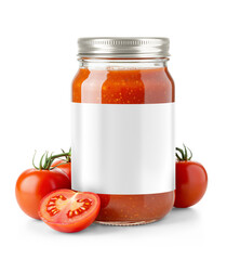 Clear glass jar filled with tomato Sauce with a metallic cap and with blank label area and surrounded by fresh tomatoes