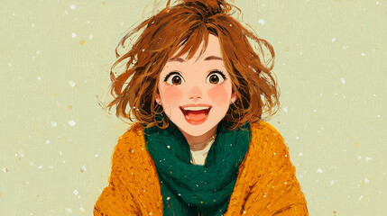 雪景色と笑顔な女性のイラスト（AI生成）