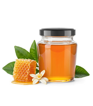 Oval Shaped Glass Jar of Orange Blossom Honey with glossy cap and surrounded by fresh orange blossom flower, honeycomb and leaves.