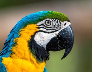 Close-up of a vibrant macaw with blue, yellow, and green plumage