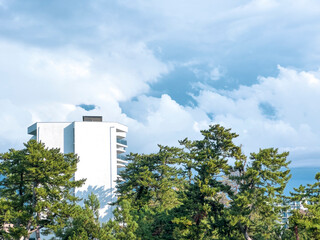 Modern white apartment building rising above green pine trees under a dramatic cloudy sky