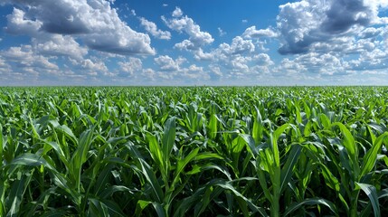 Naklejka premium Vast green cornfield stretches to the horizon under a bright blue sky.