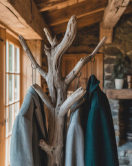 Rustic driftwood coat rack with hanging coats in a wooden interior
