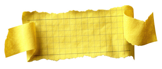 Torn Yellow Paper Sheet with Curled Edges and Grid Pattern Isolate on Transparent Background, png
