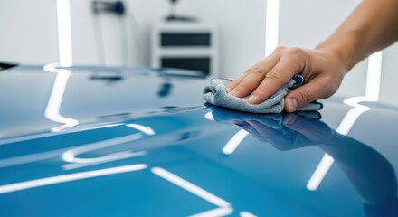 Hand Polishing Blue Car Hood After Paintless Dent Repair