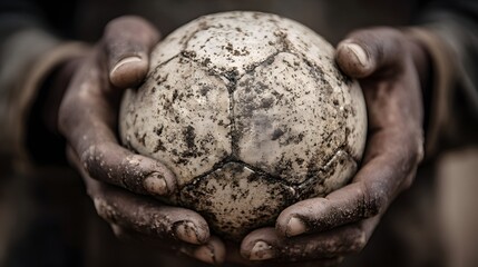 Obraz premium Child's hands gently cradle a worn, dirty ball.