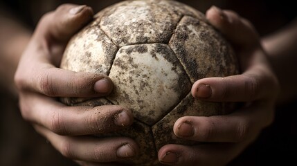 Dirty soccer ball held in a person's hands