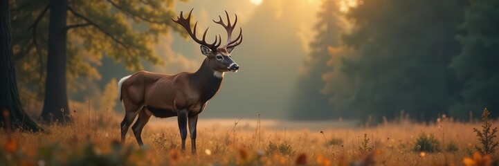 Fototapeta premium Majestic buck with large antlers stands in a sun drenched autumnal forest meadow