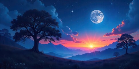 Fototapeta premium Dramatic moonlit sunset over layered mountain ranges with silhouetted trees