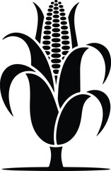 Stylized black and white icon of a corn cob with leaves