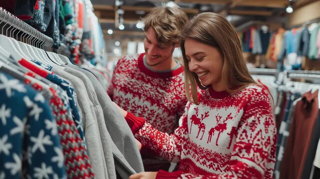 Smiling couple in matching red Christmas sweaters choosing clothes together in a cozy store filled with warm holiday atmosphere